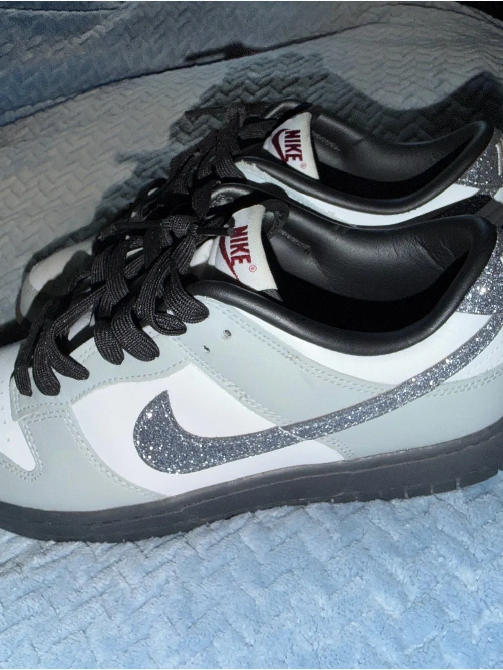Nike Women's Low Top Sneakers in Light Gray, White & Black with Glitter Swoosh